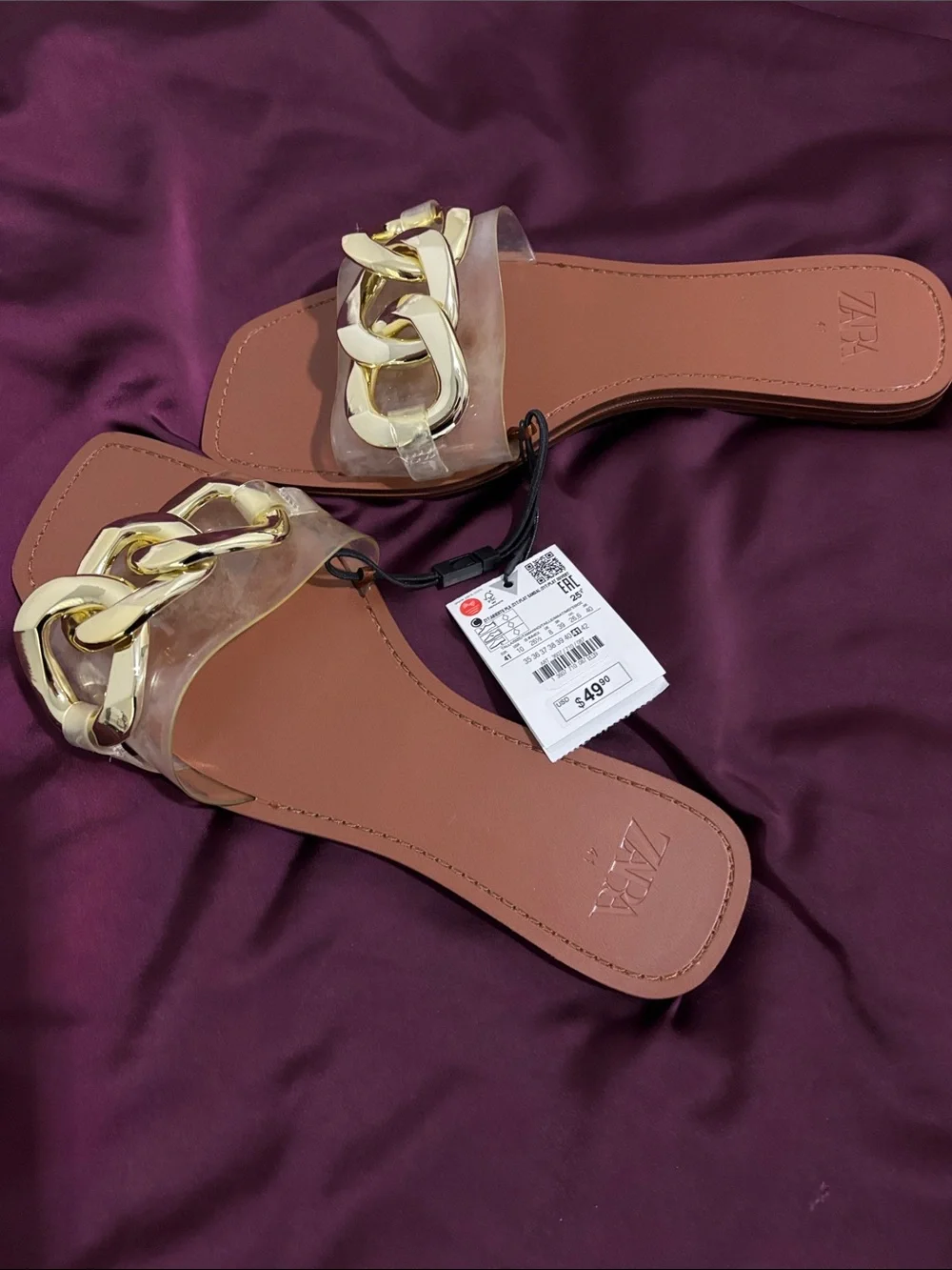 ZARA Tan Slide Sandals with Gold Chain Accent 10 - Picture 2 of 4